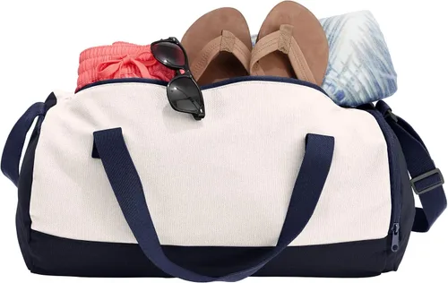 Miniatura 4 de Bolsa de lona de barril de algodón personalizado, Azul marino verdaderoblanco suave