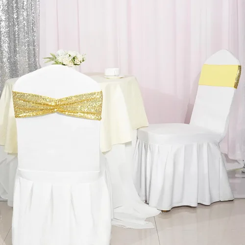 Miniatura 7 de Poise3EHome Juego de 50 bandas elásticas de lentejuelas doradas para sillas de una cara, lazos decorativos para bodas, fiestas, eventos, fundas