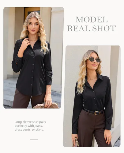 Miniatura 4 de Siliteelon - Camisas de vestir para mujer, manga larga, ajustadas, con botones, elásticas, sin arrugas, con cuello, para negocios, casual, blusa