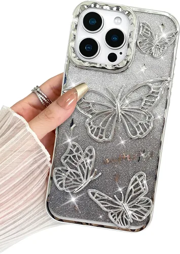 Miniatura 18 de BITOBE Diseñada para iPhone 15 Pro Max, bonita funda de mariposa 3D chapada en purpurina delgada para mujeres y niñas, protección de cámara, Negro