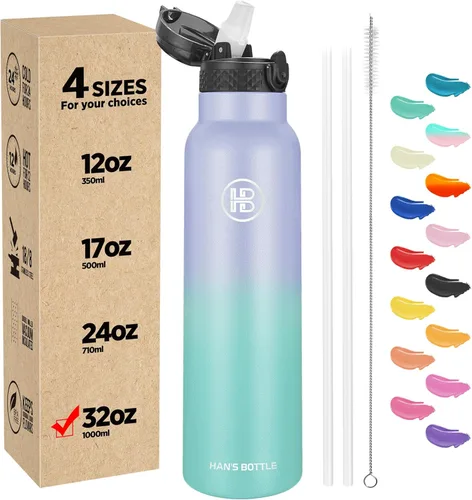 Miniatura 49 de Han's Bottle - Botella de agua para niños con tapa con pajilla - Vaso reutilizable de acero inoxidable aislado para niñas, niños, taza termo, 17