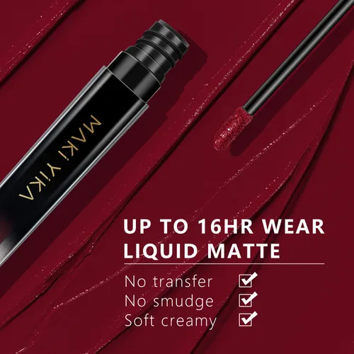 Miniatura 3 de MAKI YIKA Lápiz labial rojo burdeos para mujer, pintalabios de larga duración, sin manchas, mate, líquido, a prueba de transferencia, sin crueldad