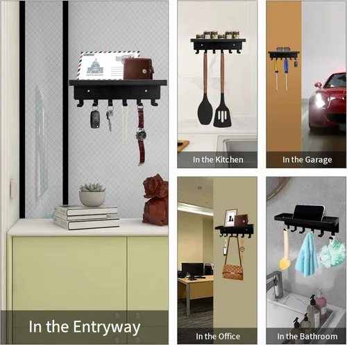Miniatura 6 de GTK Soporte para llaves de pared con bandeja y 6 ganchos, soporte para llaves montado en la pared para pasillo, estante para llaves con estante