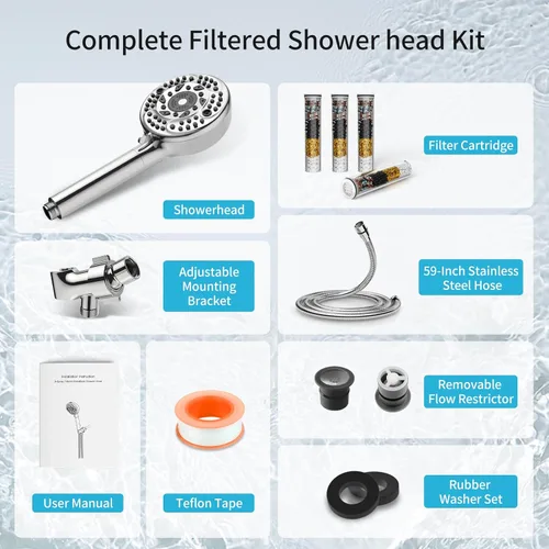 Miniatura 7 de Cabezal de ducha filtrado con mango, cabezal de ducha de alta presión con 9 modos de rociado y 4 filtros, cabezal de ducha para agua dura - elimina