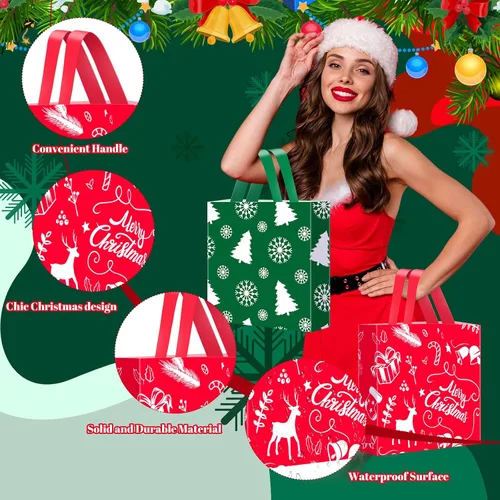 Miniatura 5 de Zhanmai 200 bolsas de plástico de Navidad reutilizables con asas de 10 x 13 pulgadas para suministros de fiesta de Navidad (estilo clásico)