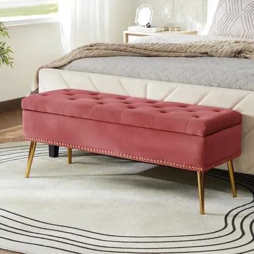 Miniatura 14 de HULALA HOME Moderno banco otomano de almacenamiento de terciopelo con base dorada y borde de cabeza de clavos, banco tapizado para dormitorio