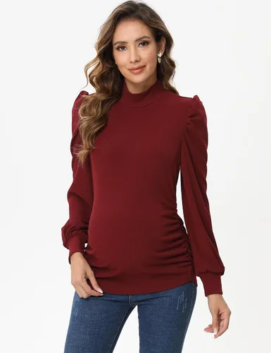 Miniatura 3 de Camiseta de maternidad de punto acanalado para mujer, casual, cuello alto, manga larga, fruncida, túnica para mujeres embarazadas