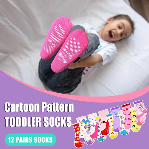 Miniatura 2 de HYCLES Calcetines Antideslizantes para Niños Pequeños, 12 Pares de Calcetines de Algodón con Agarre Antideslizante para Niños y Niñas de 1-7 años