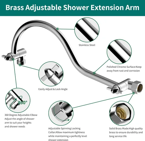 Miniatura 2 de Brazo de extensión de cabezal de ducha curvado ajustable de latón macizo de 16 pulgadas, extensor de brazo de ducha flexible de altura y ángulo