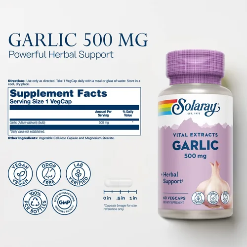 Miniatura 3 de SOLARAY Suplemento de ajo de 500 mg, vegano, extracto de ajo inodoro, utilizado tradicionalmente para la salud del corazón y el apoyo inmunológico