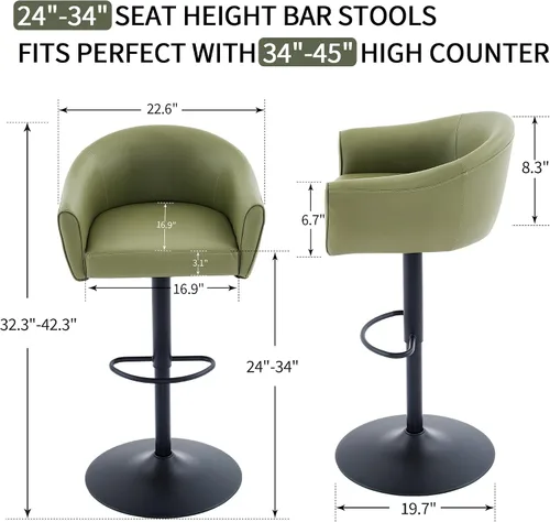 Miniatura 3 de FIRAVOE Juego de 2 taburetes de bar, taburetes de bar giratorios con respaldo y brazos, silla de bar ajustable de piel sintética de 24 a 34
