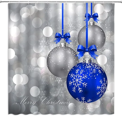 Miniatura 2 de Cortina de ducha de Feliz Navidad, bola de Navidad azul y plateada, brillante, impresa, feliz año nuevo, fiesta, juego de decoración de baño