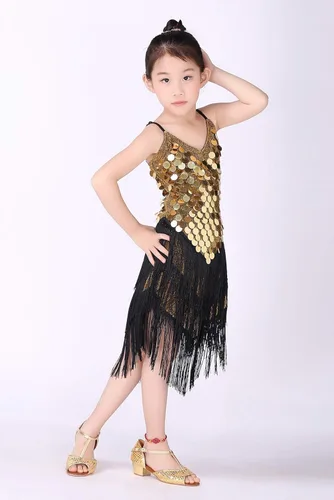 Miniatura 6 de Happy Cherry Vestido de lentejuelas con borlas para niña, falda de baile latino, disfraz brillante para niños, ballet, tango, rumba, ropa de baile