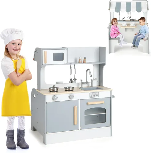 Miniatura 9 de HONEY JOY Juego de cocina para niños, cocina de doble cara para niños pequeños, horno y fregadero, dispensador de cubitos de hielo, utensilios