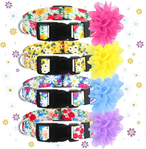 Kajaia Paquete de 4 collares florales para perras, lindos collares ajustables para perros pequeños, medianos y grandes, hembras con flor extraíble