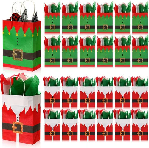 Nuanchu Paquete de 24 bolsas de regalo de papel de Navidad a granel con asas, bolsas de regalo de traje de Papá Noel de 8.7 x 6.3 x 3.15 pulgadas
