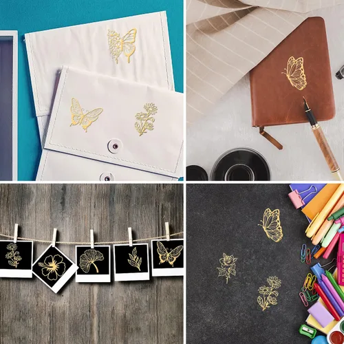 Miniatura 4 de OLYCRAFT 9 Piezas de Pegatinas de Orgonita, Pegatina de Mariposa, Hoja de Flor, Pegatinas Decorativas Autoadhesivas, Pegatinas de Metal Dorado
