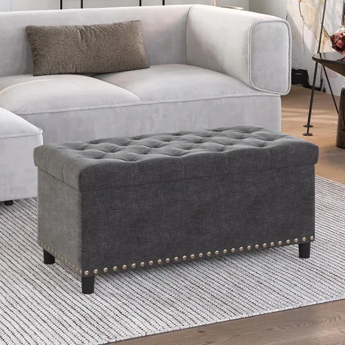 Miniatura 12 de BELLEZE Otomana de almacenamiento, otomana copetuda con bisagra de cierre, reposapiés para sala de estar (beige, 31 pulgadas)