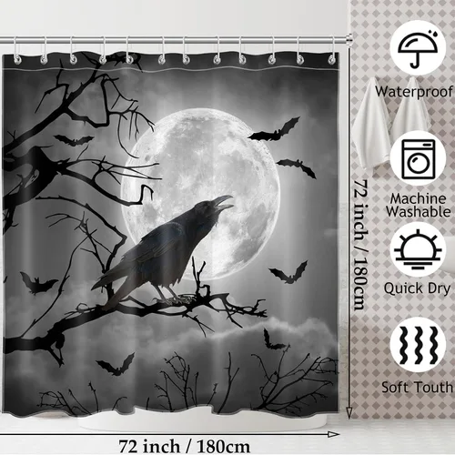 Miniatura 6 de LB Cortina de ducha gris de Halloween, cuervo negro sobre árbol muerto, juego de cortina de ducha de luna de terror, murciélago aterrador en bosque