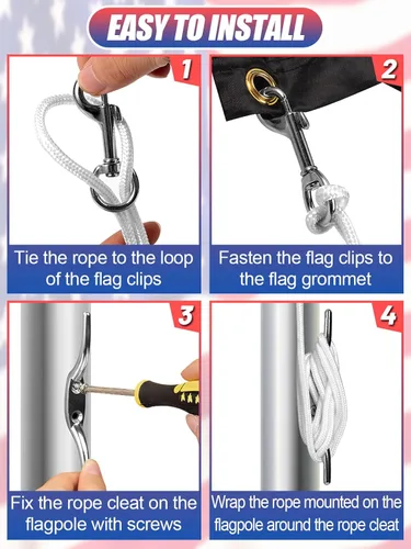 Miniatura 7 de Kit de cuerda y clips de bandera, 50 pies con gancho para tacos y 4 clips giratorios a presión para asta de bandera de hasta 25 pies, accesorios
