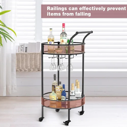Miniatura 6 de Carrito redondo negro con 2 estantes de espejo, estante para vino y ruedas con cerradura, adecuado para cocina del hogar, club, sala de estar