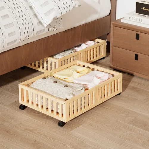 Miniatura 10 de Almacenamiento de bambú debajo de la cama con ruedas, caja organizadora de zapatos rodante debajo de la cama para zapatos, mantas, juguetes