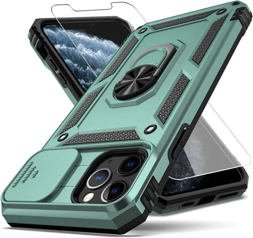 Miniatura 10 de Funda para iPhone 11 Pro Max con cubierta deslizante para cámara + protector de pantalla HD, soporte de anillo giratorio de grado militar a prueba