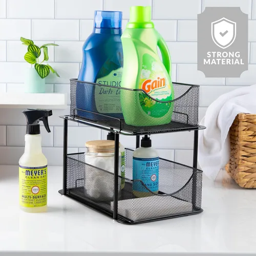 Miniatura 6 de Sorbus Organizador de metal para debajo del fregadero de 2 niveles para baño, cocina, cajones deslizantes de malla de acero fuerte para debajo