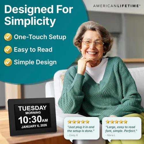 Miniatura 4 de American Lifetime Reloj digital grande para personas mayores, negro, 8 pulgadas, con día y fecha, alarmas personalizables, atenuación automática