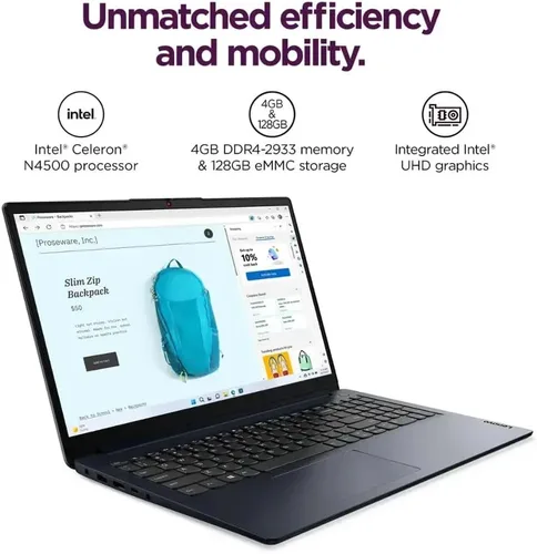 Miniatura 2 de Lenovo Ideapad 1 - Laptop HD de 15.6 pulgadas, Intel Celeron N4500, DDR4 de 4 GB, eMMC de 128 GB, W11HS, Microsoft Office 365 de un año, azul