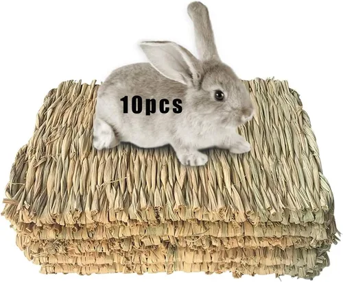Miniatura 12 de Alfombrilla de césped tejida para animales pequeños, 5 tapetes de hierba, ropa de cama de conejo, nido, juguete para masticar, juguete para jugar