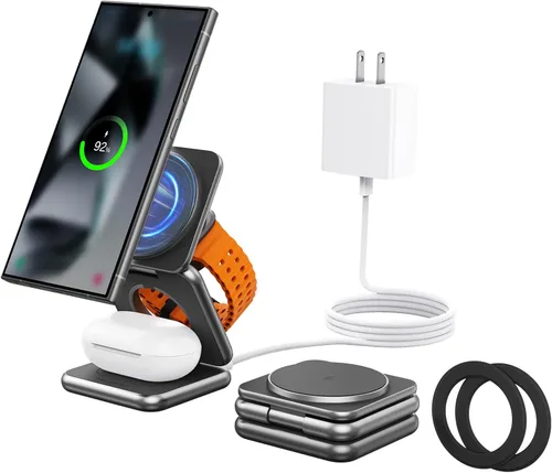 Miniatura 8 de KU XIU Cargador inalámbrico para Samsung, estación de carga inalámbrica plegable de aleación de zinc 3 en 1 para Samsung Galaxy S25 Ultra S24 S23
