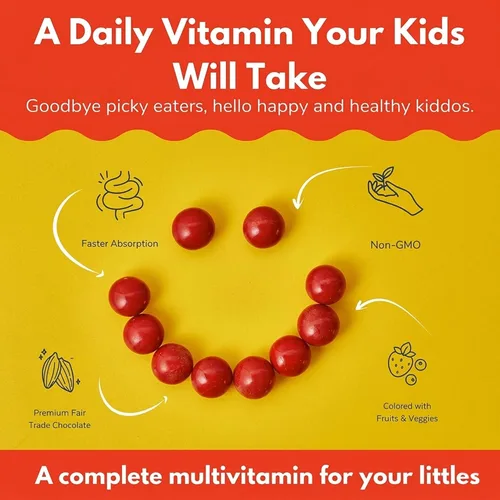 Miniatura 5 de Good Day Chocolate Multivitamínico completo para niños, suplemento diario de vitaminas A, B6, B12, C, D, E, folato y biotina, chocolate de comercio