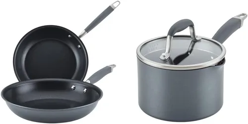 Anolon Advanced Home - Sartenes antiadherentes anodizados duros (juego de 2 piezas, 10.25 pulgadas y 12.75 pulgadas, piedra lunar) y sartén