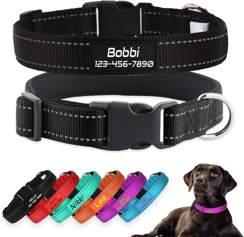 Collares para perros personalizados, nailon reflectante personalizado con nombre de mascota y número de teléfono, ajustable en 5 tamaños y 3