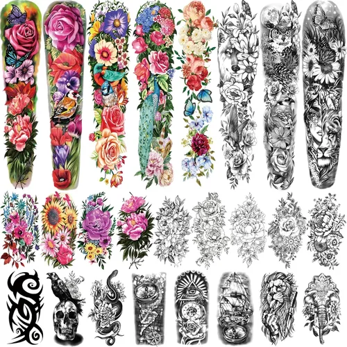 Miniatura 11 de Tatuajes temporales para adultos, manga completa, tatuajes falsos tradicionales de la vieja escuela, tatuajes de rosas de flores para mujeres