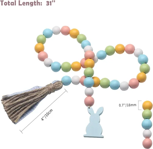 Miniatura 2 de Guirnalda de cuentas de madera de Pascua con borlas y etiqueta de conejo, cuentas de madera de estilo granja para decoraciones de bandeja