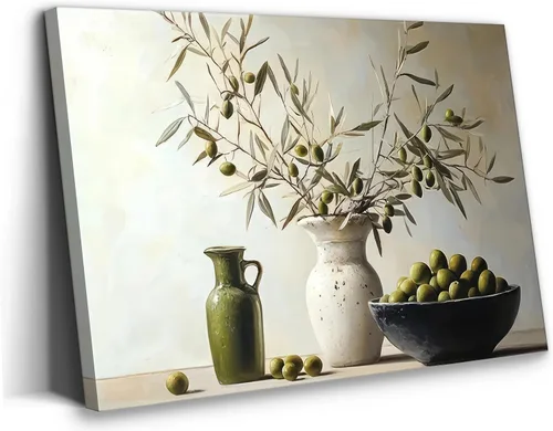 Lienzo vintage de color verde olivo para pared, diseño rústico de bodegón, cuadro rústico de granja, póster de olivo impreso, arte para comedor,