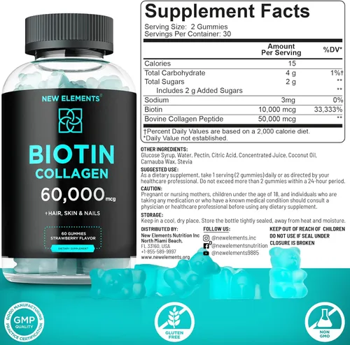 Miniatura 3 de Gomitas de péptidos de colágeno y biotina - 50,000 mcg de colágeno + 10,000 mcg de biotina Soporte para cabello, piel y uñas para hombres