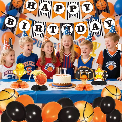 Miniatura 7 de Decoraciones de cumpleaños de baloncesto, lindo cartel de feliz cumpleaños con temática deportiva, suministros divertidos para fiesta de niño y niña
