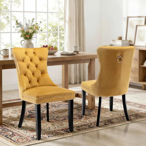 Miniatura 79 de Juego de 4 sillas de comedor de terciopelo, sillas de comedor tapizadas con ribete de cabeza de clavo y patas de madera maciza para cocina