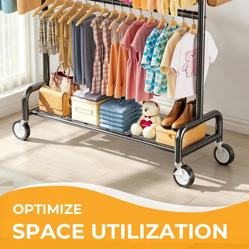 Miniatura 4 de Perchero de ropa resistente con carga de 860 libras, estantes de ropa rodantes de doble barra para colgar ropa, estante de ropa rodante con estantes