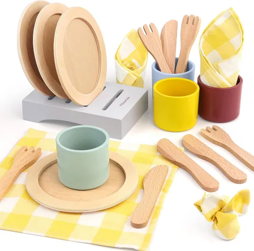 Pillowhale Juego de Platos y Vajillas de Juguete de Madera, Juego de Cuchillos y Platos de Cocina de Juguete, 21 Piezas de Accesorios de Juego de
