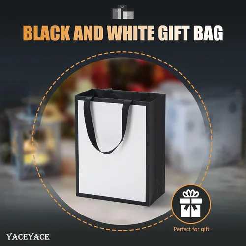Miniatura 2 de Bolsas de regalo blancas y negras de tamaño mediano, 10 unidades de 8 x 4.25 x 10.5 pulgadas, papel kraft biodegradable, asas de cinta, perfectas