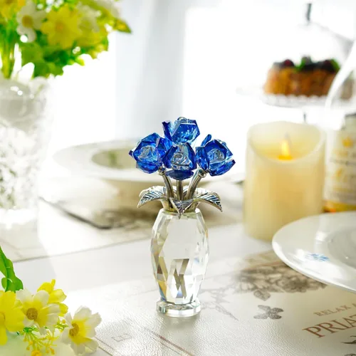 Miniatura 2 de H&D HYALINE & DORA Peso de papel de rosa de cristal azul, regalos de flores de vidrio para mujeres, niñas, esposas, ramo de flores de cristal Azul 2