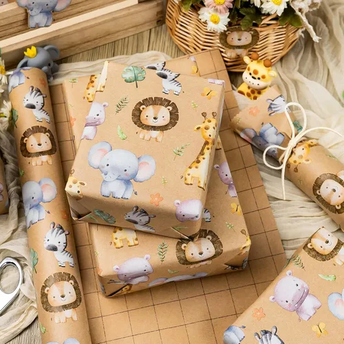 Miniatura 2 de Burymento Papel de Regalo Kraft para Animales, Papel de Regalo con Diseño de Línea Auxiliar Cortada para Baby Shower, Cumpleaños, San Valentín, Día