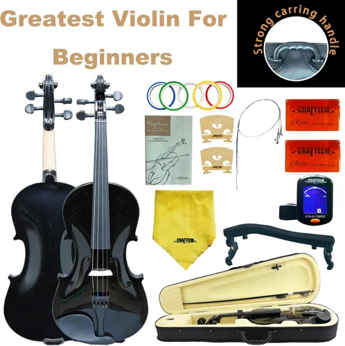 Miniatura 4 de CRAFTEEM 1/2 Conjunto de violín negro premium hecho a mano para principiantes, adultos y niños con cinta adhesiva para dedos de 5 colores - Violín