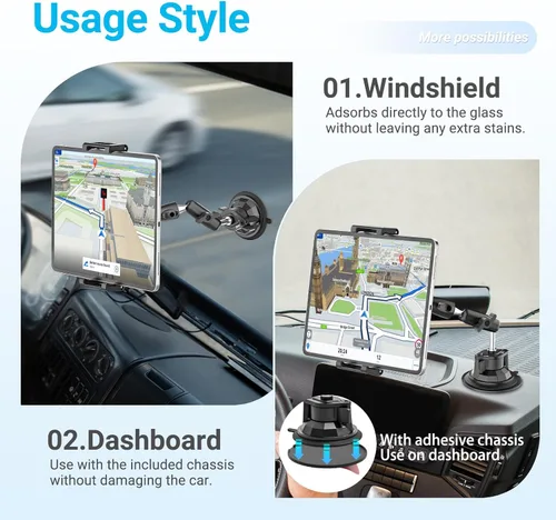 Miniatura 6 de Soporte para tablet de automóvil, tablero de instrumentos y parabrisas con ventosa fuerte y brazo de metal ajustable, soporte