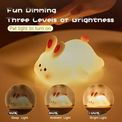 Miniatura 3 de Luz Nocturna de Conejo de Cara Grande, Adorable Lámpara Nocturna LED de Conejito, Luz Nocturna de Guardería de Silicona Regulable para Niñas, Luces