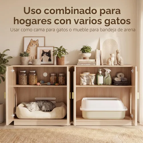 Miniatura 3 de Amunrbrek Caja de arena grande, armario oculto estriado para gatos con almacenamiento, aparador curvado simétrico (natural)